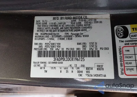 2012 Ford Fusion Hybrid z USA, uszkodzony, nr VIN 3FADP0L33CR196125